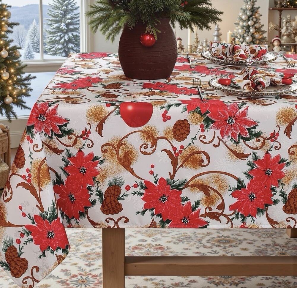 Christmas Tablecloth Rectangle, Poinsettia Jacquard Fabric Table Cloth 60X84”